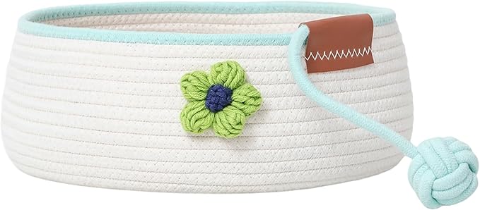 Natural Cat Bed Cotton Rope Woven for All Seasons Cat Nest Basket Washable,Cute Green Flower Decor,Cozy Kitten Mat Scratcher Round Shape for Indoor(White)