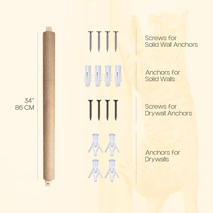 Wall Mounted Cat Scratcher 34' Sisal Cat Scratching Post Tree Kitten Sturdy Climbing for Indoor Cats Vertical Tall Wall Mounth Jute Fiber Cat Scratch Posts Tower Cat Climbing wall Systems