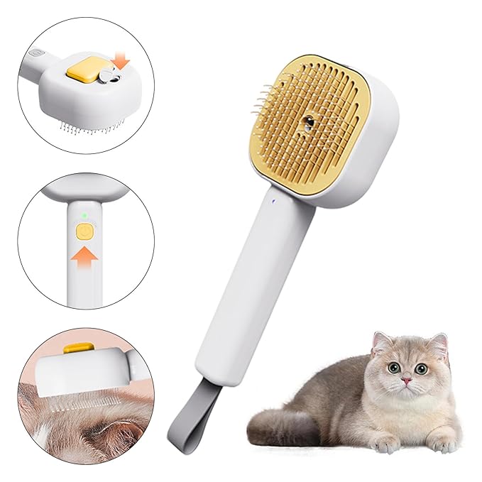 3-in-1 Cat Steam Brush – Self-Cleaning Pet Spray Grooming Comb for Cats & Dogs, USB Rechargeable, Shedding, Massaging & Hair Removal with Cool Mist (Yellow)