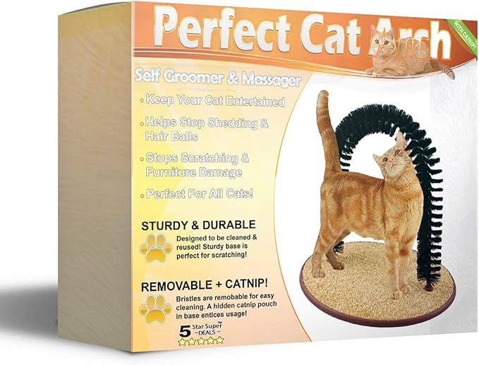 Perfect Cat Self Grooming Arch Toy & Post with Cat Mouse Toy, Bristles, Scratch Pad and Catnip - for Scratching, Brushing, and Massaging - Prevents Furniture Damage & Promotes Healthier Indoor Cats