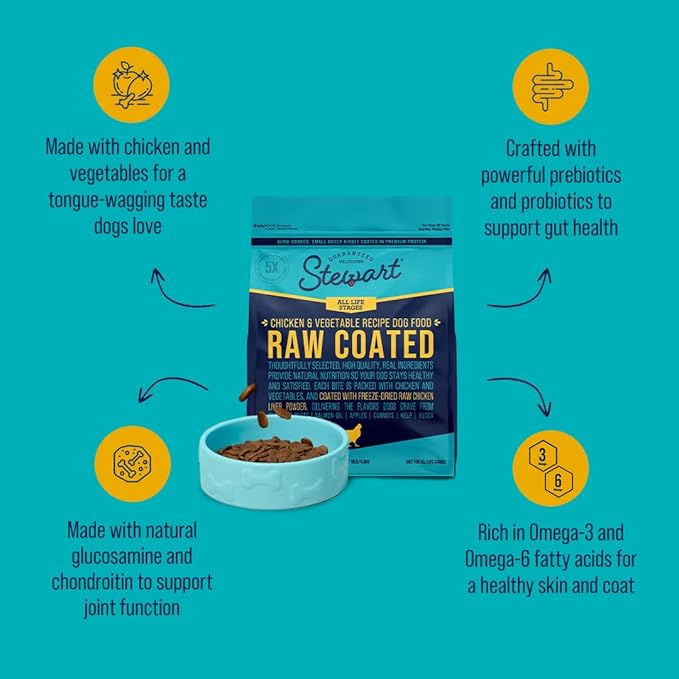 Stewart Raw Coated Dog Food, Chicken & Vegetable Recipe, 10 Pound Bag, Freeze Dried Chicken Liver Powder Coating