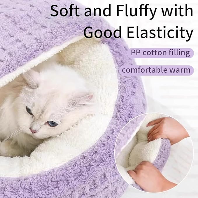 Plush Cat Bed Hooded Semi Enclosed Shell Shaped Pet Nest Cozy Warming Anti-Slip Small Dog Bed for Puppy and Kitten
