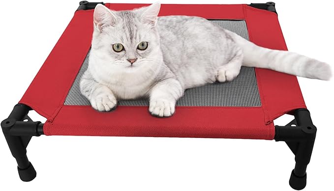 Pozico Elevated Pet Bed with Breathable Mesh for Small Cat and Dog, Raised Cooling Pet Cot for Puppy and Kitty, 18.9x18.9 inch (Red Bed)