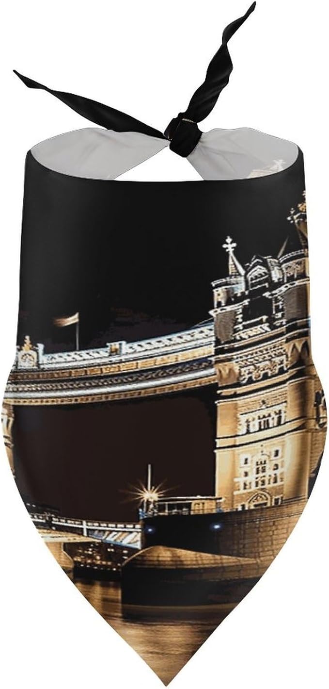 Dog Bandana Spring Pet Scarf Adjustable Triangle Night London Tower Bridge Printing Dog Bib Washable Polyester Puppy Bandana for Small Medium Large Dogs Cat Birthday Party Supplies
