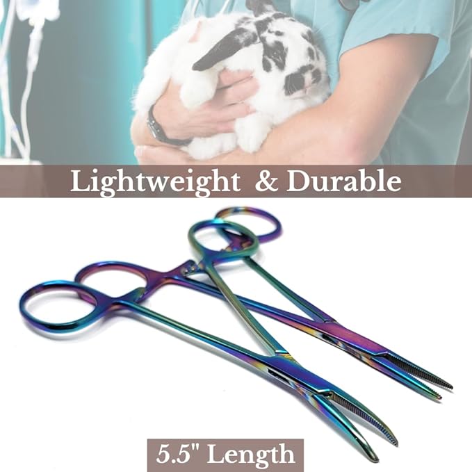 HTI Set of 2 Pcs Dog Cat Pet Hair Puller Remover Stainless Steel Hemostat Locking Forceps 5.5" Straight and Curved Full Serrated (Multicolor)