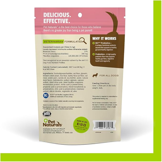 Pet Naturals Daily Probiotic for Dogs, 120M CFUs - Pre and Probiotics for Dogs Digestive Health, Gut Health, Immune Support, Diarrhea, Allergies and Itching - 60 Chews, Duck Flavor