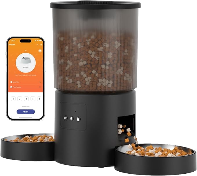 Automatic Cat Feeder, 2.4GHz WiFi Automatic Dog Food Dispenser, Fresh Protection, 4L Timer Feeder, Personalized Recording 10 Seconds, Easy to Clean, Stainless Steel Bowl (Double/Black)
