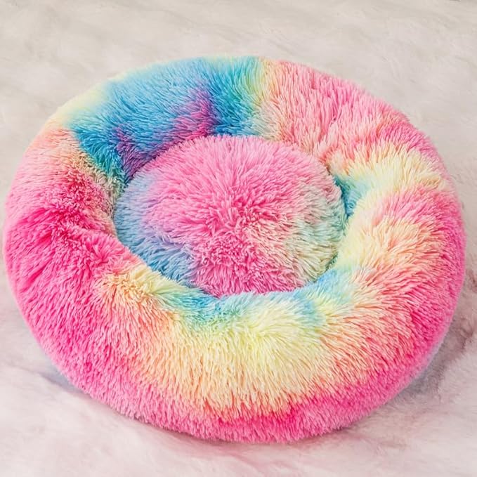 Calming Cat Beds for Indoor Cats Donut Small Dog Bed for Anxiety Plush Soft Kitten Bed Fluffy Faux Fur Rabbit Pillow Non Slip Bottom Indoor for Puppies and Cats for 3KG