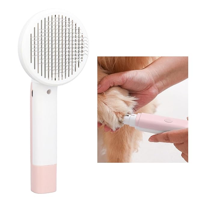 Brushes for pets Dog Cat Grooming Bursh Kit Pet Slicker Brush 2 in 1 Detangling Self Cleaning Floating Hair Removal Pet Grooming Comb with Nail Grinder for Cat Roseate