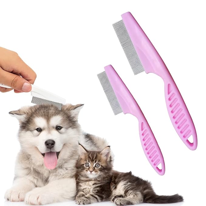 Pet Comb, Multifunctional Stainless Steel Grooming Brush, Fine-Tooth Tear Stain Removal Comb for Small Dogs Puppies (Pink)