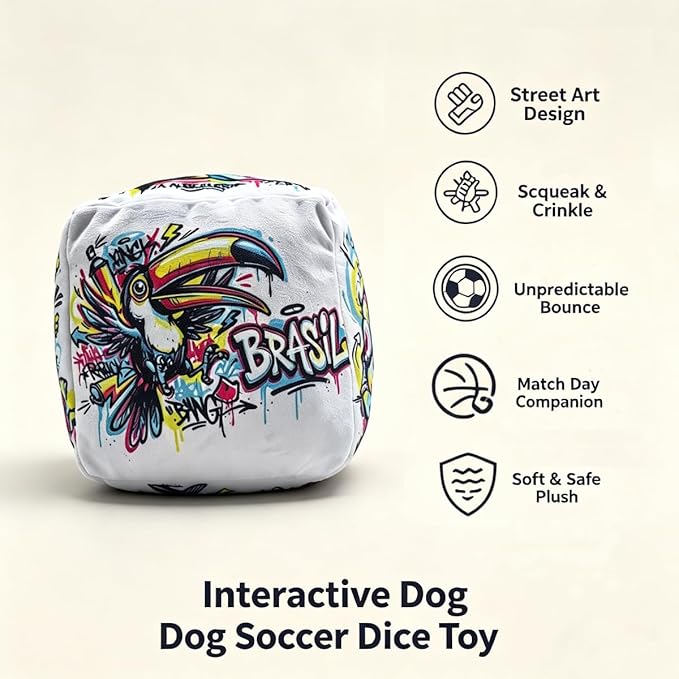 Street-art Soccer Toss Dice Dog Toy, Interactive Plush Cube with Squeaker Crinkle paper, Irregular Bounce Interactive Indoor Toy, 6-Sided Squeaky Prediction Dice,Match Day Companion Pet Supply
