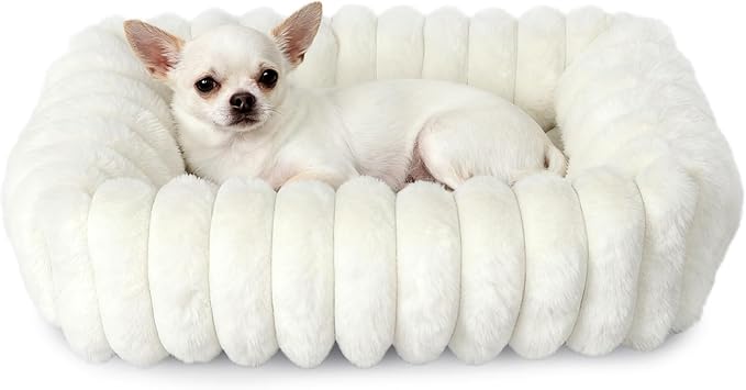 Dog Beds for Very Small Dogs & Cats - Washable Rectangle Comfy Sleeping Puppy Bed Cuddler with Anti-Slip Bottom, Soft Calming Plush Pet Sofa Bed for Indoor Kittens & Puppies, XS (18"x14"x4", Cream)