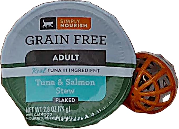 SIMPLY NOURISH Adult Cat Grain Free Stew Flaked. 6-2.8 OZ Cups. Plus Cat Toy Will Vary. (Tuna & Salmon Stew)