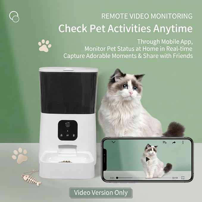 Smart Automatic Pet Feeder with HD Camera and App Control, Cats and Dogs, 6L Capacity Dual Power Supply, Video Monitoring Pet Food Dispenser for Travel and Work (Video Version)