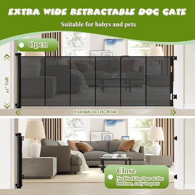 42" Tall Retractable Baby Gates, Extra Wide 118" Retractable Safety Gate with Reinforced Strips, Extra Long Dog Gate for Large Openings & Doorways Mesh Pet Baby Gates Indoor & Outdoor, Black