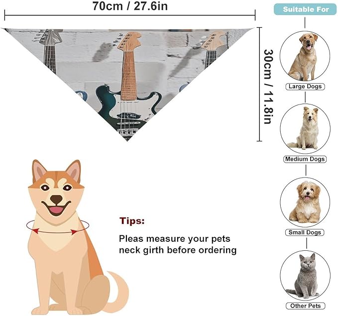 Dog Bandana Spring Pet Scarf Adjustable Triangle Guitar Bass Music Musical Instruments Printing Dog Bib Washable Polyester Puppy Bandana for Small Medium Large Dogs Cat Birthday Party Supplies