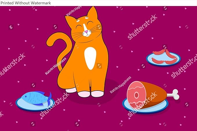 Wall Art Poster Print of Food for Cats, Pets. a Cute Red Cartoon Cat, Kitty with a Funny Muzzle, Face is Sitting Straight with Its Eyes Closed, Next to Different Foods. Dishes with Ham, Sausages and