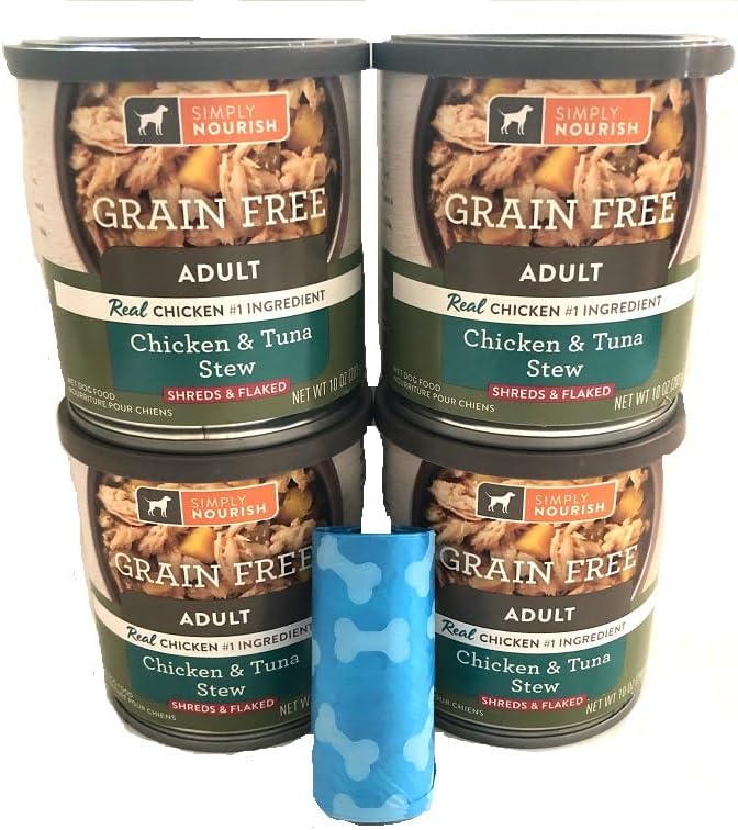 SIMPLY NOURISH Adult Canned Dog Food. Chicken & Tuna Stew Shreds & Flaked. 4-Individual 10 OZ Cans. Plus a Dog Waste Bag.