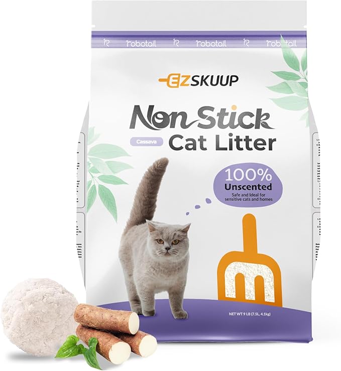 EZSKUUP Robotail Non-Stick Strong Clumping Cassava Cat Litter, Unscented Dust-Free Kitty Litter, Easy to Scoop, Light Color for Health Tracking, for Robotail Automatic Plastic Cat Litter Box 9lb