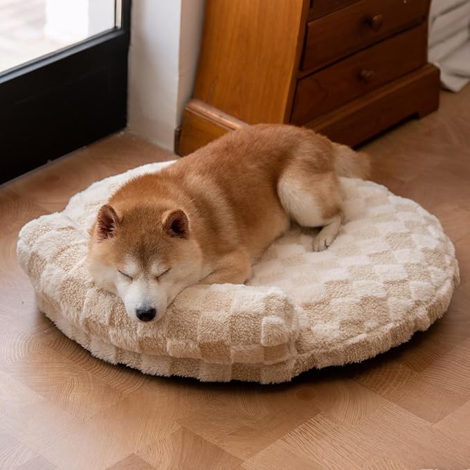 Orthopedic Dog Bed for Medium Small Dogs and Cats Calming Pillow Pet Couch Sofa Puppy Bed with Removable Washable Cover Oval 3D Checkered Plush Pet Furniture 30x25x7 Indoor Beige
