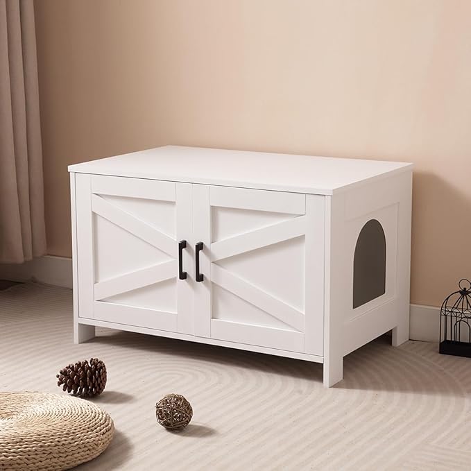 Cat Litter Box Enclosure with Barn Door Wooden Cat Washroom Furniture Litter Box Furniture Hidden End Side Table Pet House Multi Functional Double Cabinet Doors for Bedroom Living White