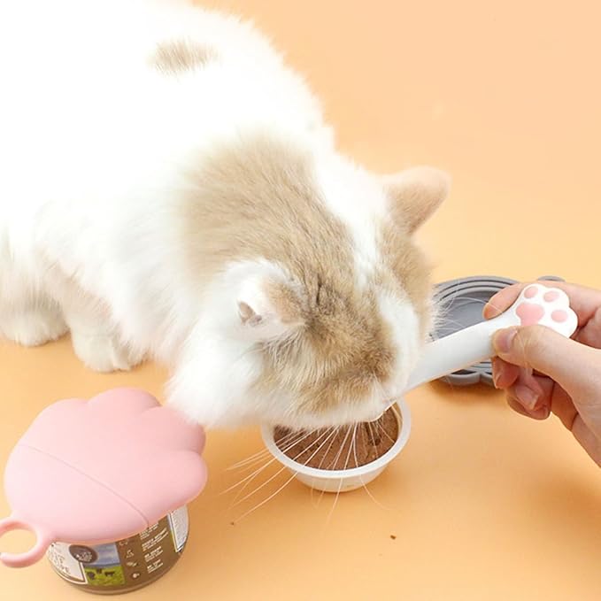 Lurrose Multifunctional Pet Can Spoon and Plastic Seal Lid Set, White Spoon with Pink Cover, Manual Pet Tin Opener for Dog Food Storage and Feeding Supplies