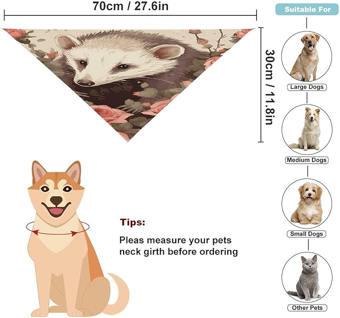 Dog Bandana Spring Pet Scarf Adjustable Triangle Opossum and Roses Printing Dog Bib Washable Polyester Puppy Bandana for Small Medium Large Dogs Cat Birthday Party Supplies