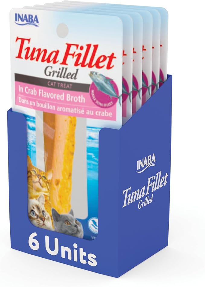INABA Premium Hand-Cut Grilled Tuna Fillet Cat Treats/Topper with Vitamin E and Green Tea Extract, 14 grams Each, Pack of 6, Crab Broth