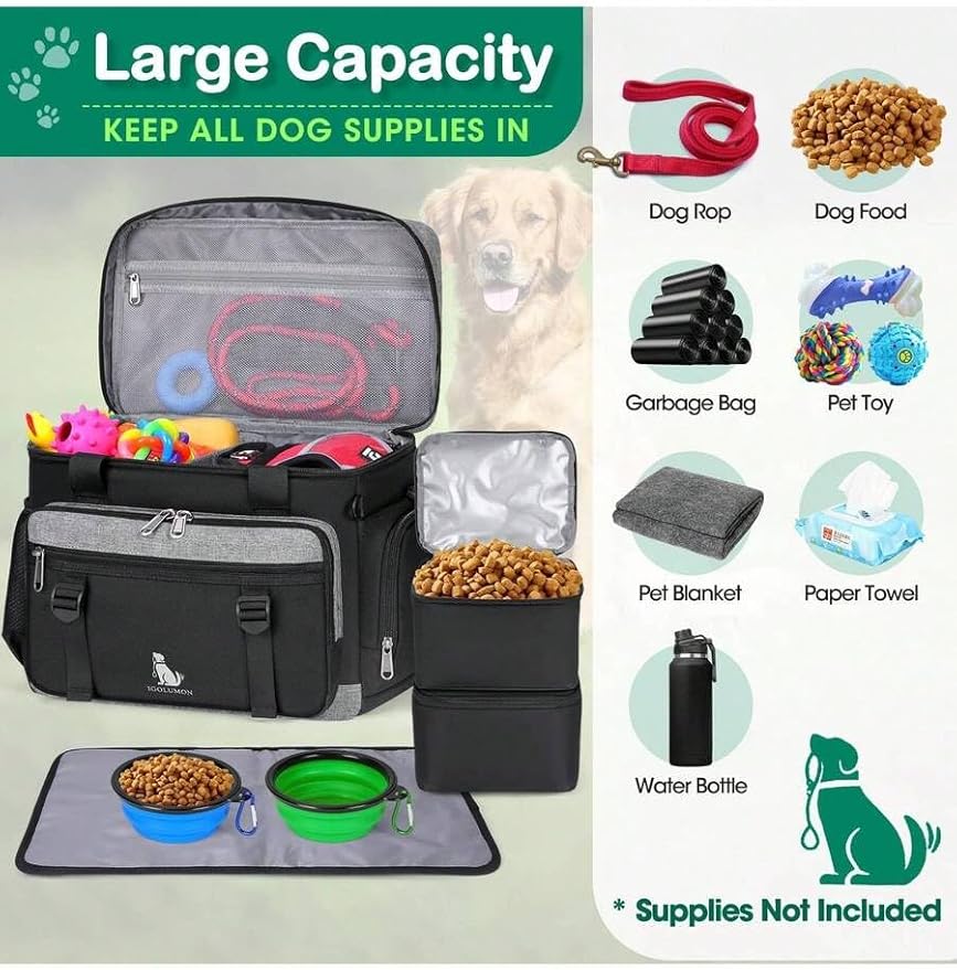Premium Large Dog Travel Bag Weekend Pet Supplies Organizer Kit with 2 Extra Large Food Containers 2 Collapsible Bowls 1 Feeding Mat Multi Pocket (Black)