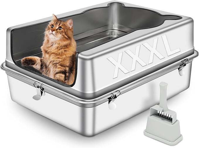 Extra Large Stainless Steel Cat Litter Box, 27.5" L x 19.7" W x 12" H XXXL Semi Enclosed Removable Metal Litter Tray with High Sided Enclosure, Scoop, Anti-Leakage, Non-Sticky, Easy Cleaning