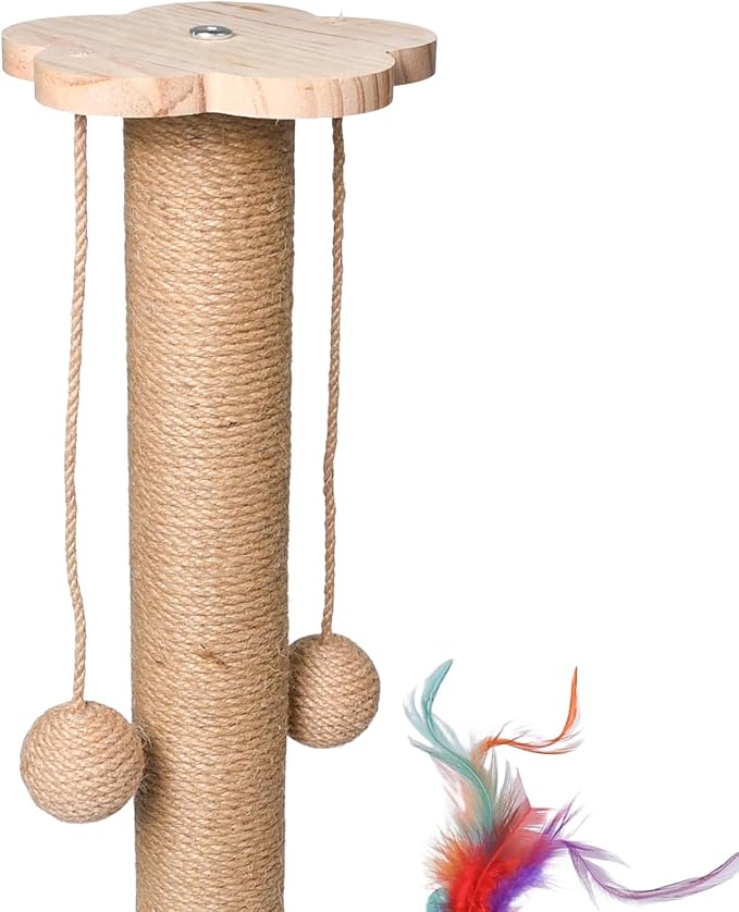 Cat Scratching Post, 50cm Cat Scratcher Toy, Natural Woven Sisal and Wood Interactive Cat Toys with Lanyard Ball, Ball, Feather (Feather Color is Random)