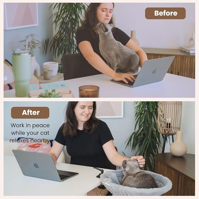 Cat Desk Bed – 180° Rotating & Adjustable Cat Hammock, 2 Washable Covers, Supports 40 lbs, Non-Slip Clamp, Soft Faux Fur, Space-Saving Design for Home Office, Remote Workers, Gamers