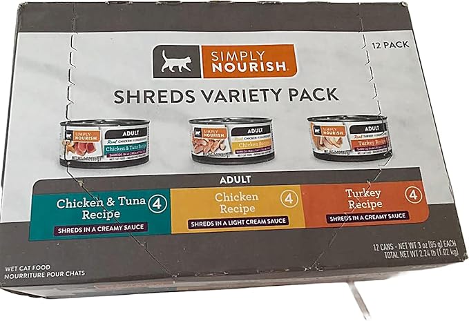 SIMPLY NOURISH Cat Canned Food. 1-12 Pack of Shreds Variety Pack. 4-Chicken & Tuna,4-Chicken Recipe, 4-Turkey Recipe Shreds in a Light Cream Sauce.12-3 Ounce Cans.