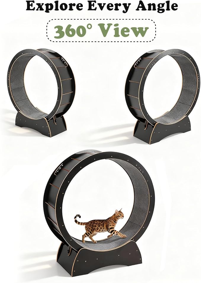 43.3" Cat Exercise Wheel for Large Indoor Cats, Black Cat Running Wheel with 2 Replacement Carpets, Silent Cat Treadmill with Locking Mechanism, Sturdy Cat Fitness Furniture for Cats up to 25 lbs