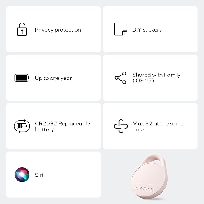 Momax Key Finder Tracker Tag - [Apple MFi Certified] Smart Bluetooth Tracking Device with Find My (iOS Only), Replaceable Battery, DIY Stickers, for Wallets, Luggage, Suitcases, Backpacks, Pink