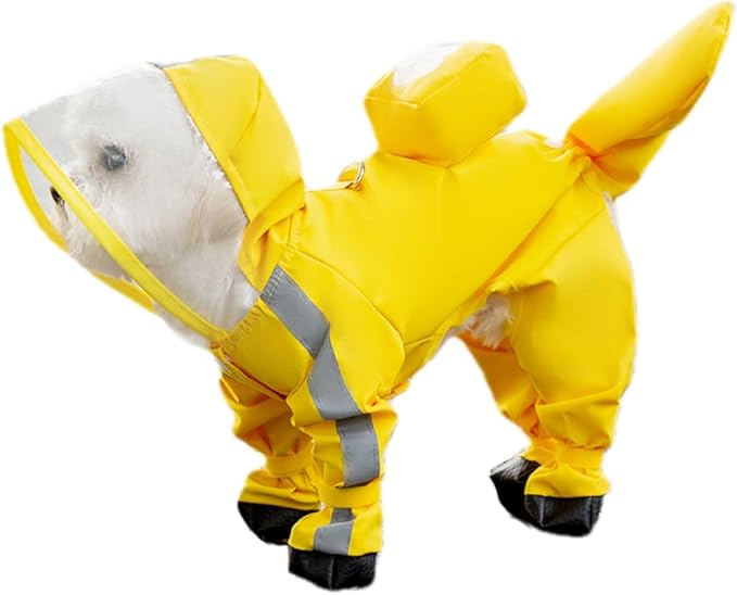 Waterproof Dog Raincoat,Full Coverage 4 Legs Dog Rain Jacket for Small Dogs,Pet Rain Coat with Hood,Reflective Strips&Leash Hole Outdoor Raincoat (Medium（for Weight 5.1-8.1 lb）, Yellow)