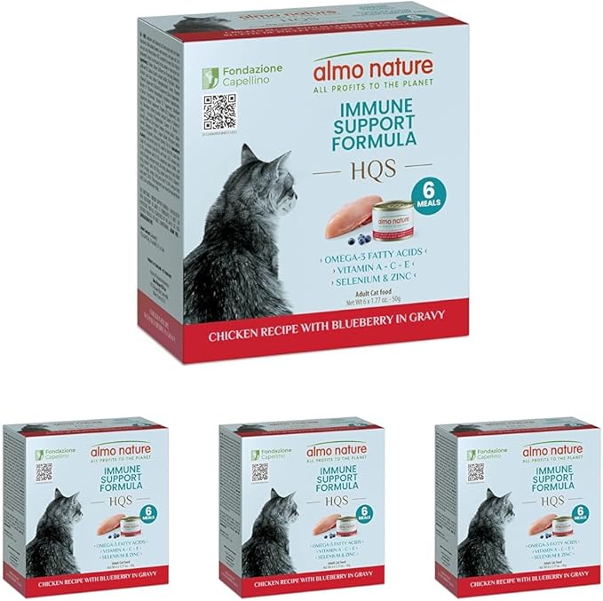 almo nature Supportive Formulas Immune Support Formula HQS Shredded Chicken & Blueberry in Gravy Wet Cat Food, 1.77-oz can, case of 6 (Pack of 4)