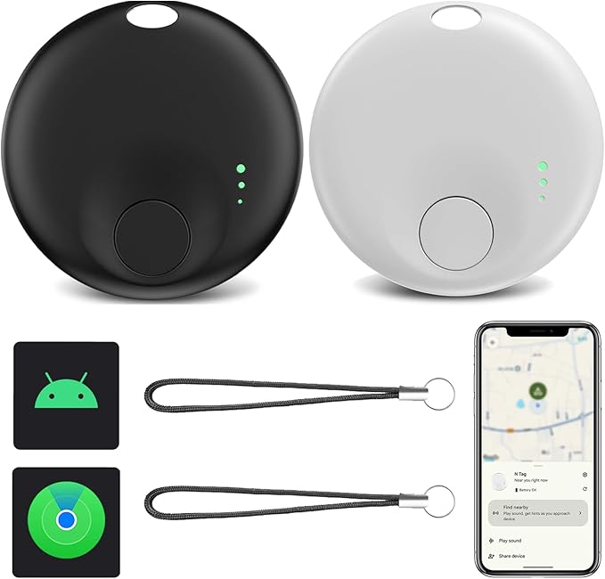 Air Tracker Tags-2 Pack, Bluetooth Tracker with Sound, Compatible with Google’s Find Hub (Android) and Apple Find My (iOS), for Keys, Wallets, Luggage, Pets, No Subscription (Black+White)