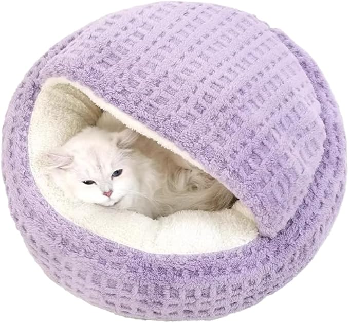 Plush Cat Bed Hooded Semi Enclosed Shell Shaped Pet Nest Cozy Warming Anti-Slip Small Dog Bed for Puppy and Kitten