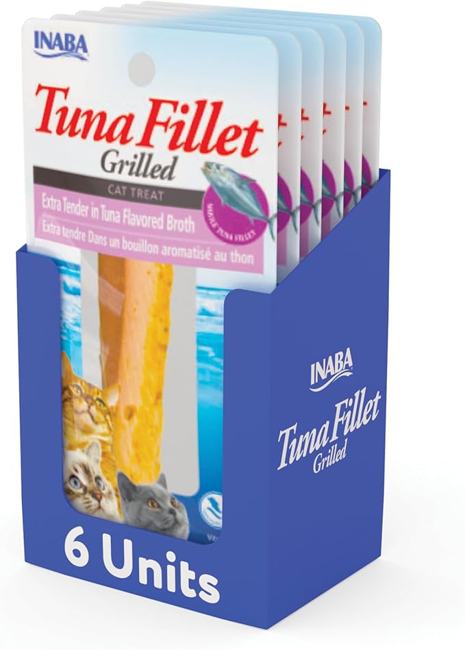 INABA Premium Hand-Cut Grilled Tuna Fillet Cat Treats/Topper with Vitamin E and Green Tea Extract, 14 Grams Each, Pack of 6, Extra Tender Tuna Broth