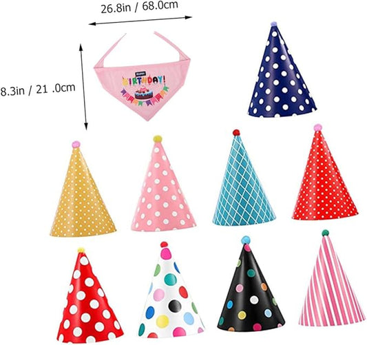 OUNONA Dog Birthday Bandana and Party Hat Set with Bib 10pcs Pet Birthday Supplies Kit for Dogs Adjustable Fabric Hats and Cotton Bib for Celebration Random Color