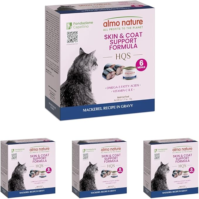 almo nature Supportive Formulas Cat Skin & Coat Support Formula HQS Flaked Mackerel in Gravy Wet Cat Food, 1.77-oz can, case of 6 (Pack of 4)