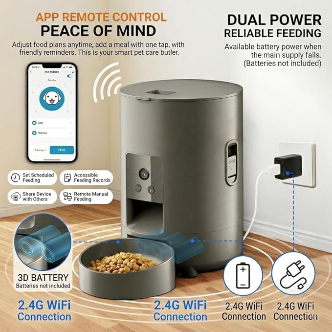 2L Smart Automatic Pet Feeder with HD Video Camera and Two-Way Audio, 2.4GHz WiFi App Control Dog and Cat Food Dispenser with Anti-Sticking Design, Dual Power Supply (White (WiFi Version))