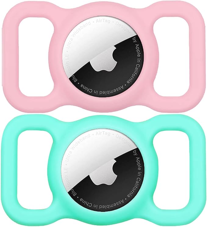 SWINCHO for AirTag Dog Collar Holder [2 Pack] Waterproof High-Strength Elastic Silicone Dog Cat Air Tag Holder(Mint Green&Pink)