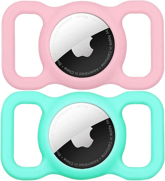 SWINCHO for AirTag Dog Collar Holder [2 Pack] Waterproof High-Strength Elastic Silicone Dog Cat Air Tag Holder(Mint Green&Pink)