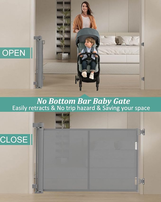 59 inch Retractable Baby Gates 42 inch Tall, Retractable Gate with Reinforced Strip Design to Prevent Crawling Through, 5 FT Retractable Dog Gate for Stairs, Doorways, Hallways, Indoor/Outdoor