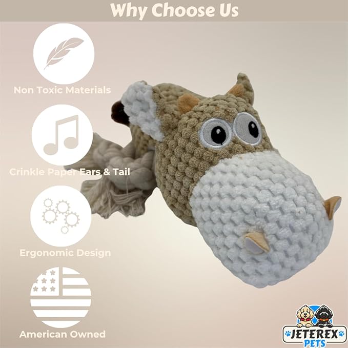 Large Dog Toy - Tan Cow Squeaky Dog Toys for Large Dogs, Medium and Small Dogs. Durable with Pineapple Plush Fabric, Rope Legs, Hidden Seams, Reinforced Stress Points, Embroidered Eyes