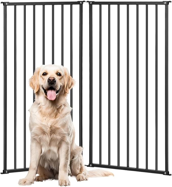 2 Panels Metal Freestanding Dog Gates with Door,40''W Detachable Foldable Dog Fence Indoor Outdoor Puppy Gate, 32''H Free Standing Tall Pet Gate for Doorways,House,Stairs,Porch,Deck,Yard