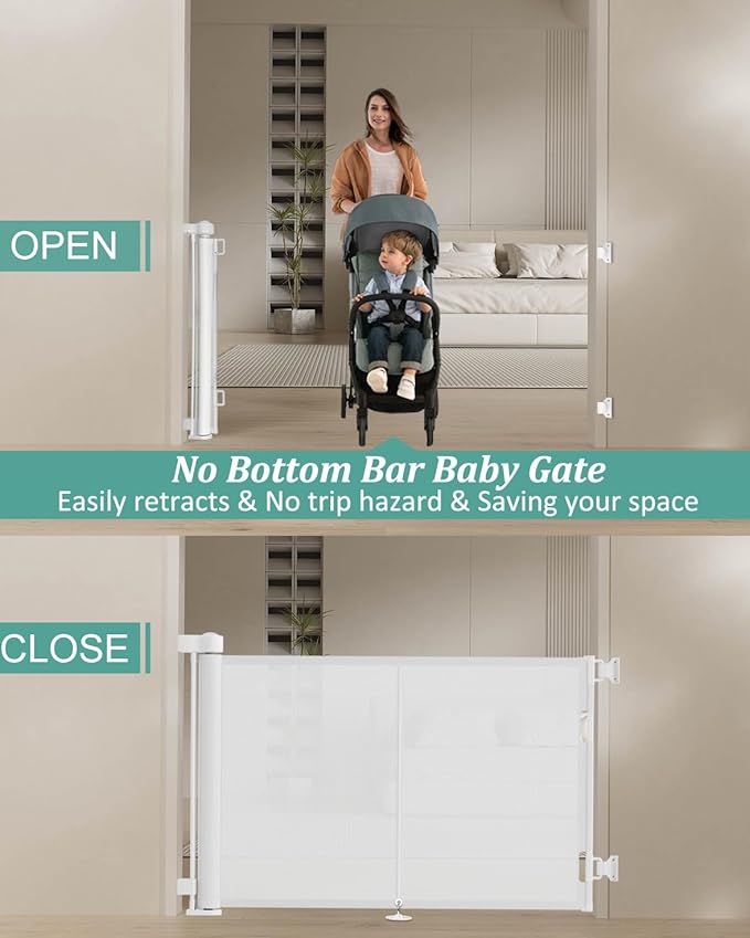 59 inch Retractable Baby Gates 34 inch Tall, Retractable Gate with Reinforced Strip Design to Prevent Crawling Through, 5 FT Retractable Dog Gate for Stairs, Doorways, Hallways, Indoor/Outdoor