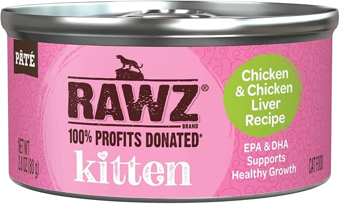 Rawz Natural Premium Kitten Pate Canned Cat Wet Food -12 Pack Cans Variety Flavor Pack -4 Flavors - (Salmon, Chicken, Tuna, Beef) Pets Can Lid - (2.8 oz Cans)